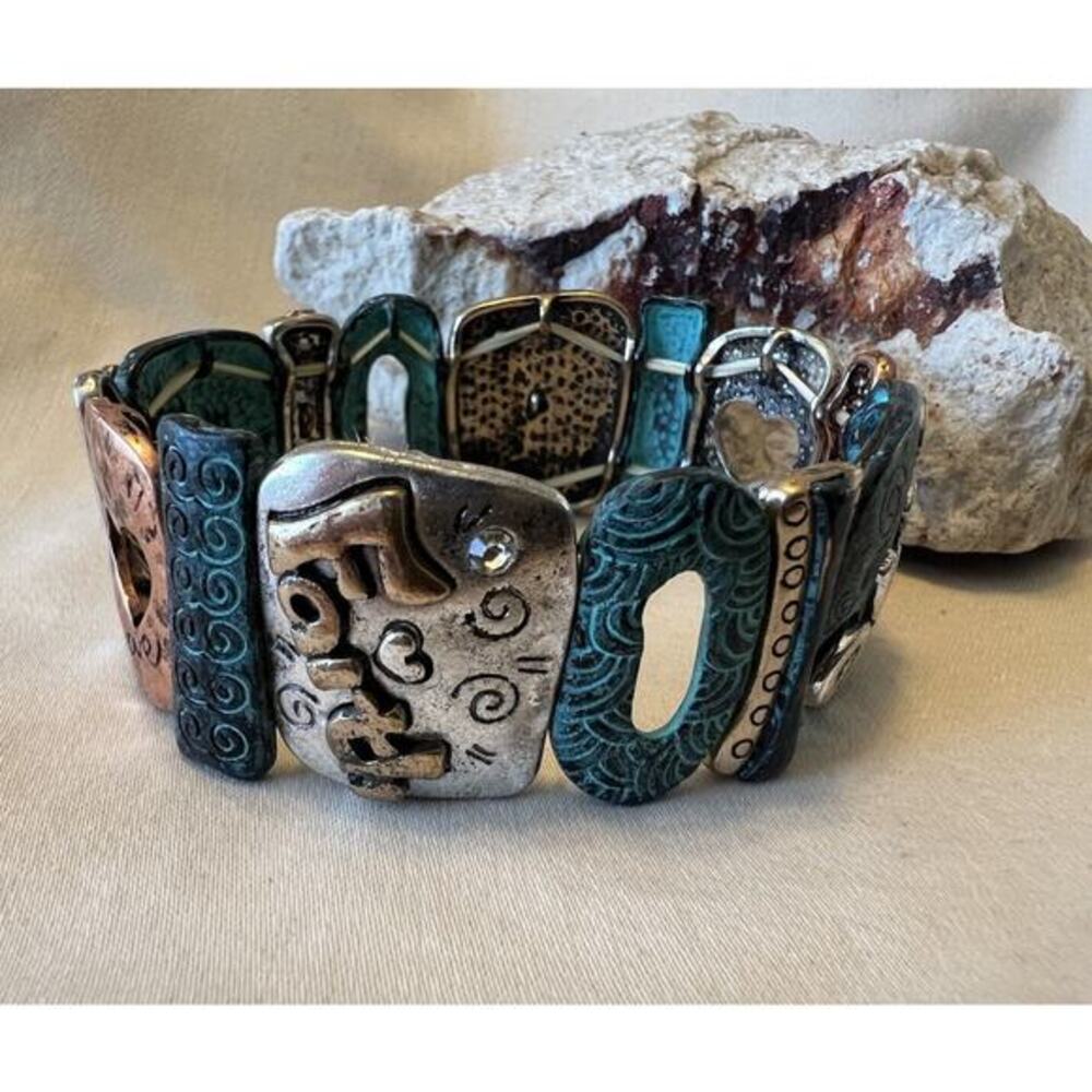 Women’s Stretchy Unique Wisdom Owl Copper & Teal Bracelet NWOT - Picture 3 of 6
